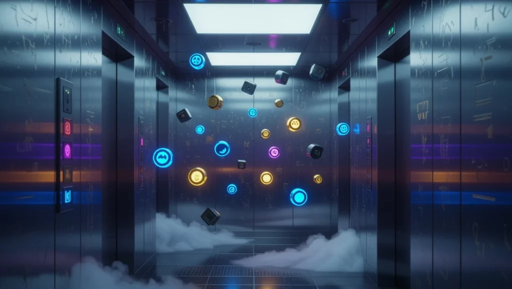 Egy modern lift belső tere, lebegő színes ikonokkal és köddel.
