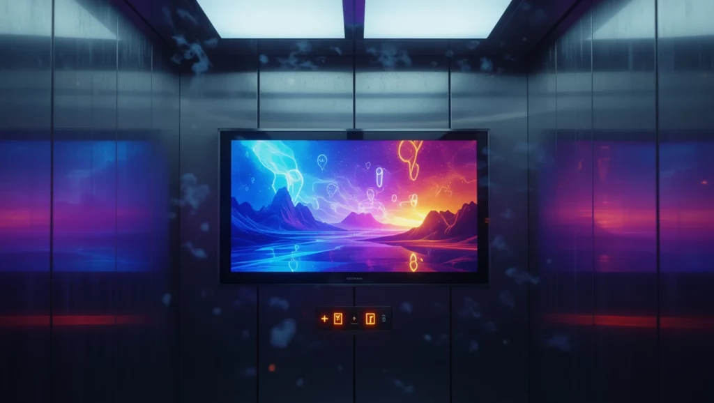 Egy modern lift belsejében elhelyezett televízió, színes, álomszerű tájjal a képernyőn.