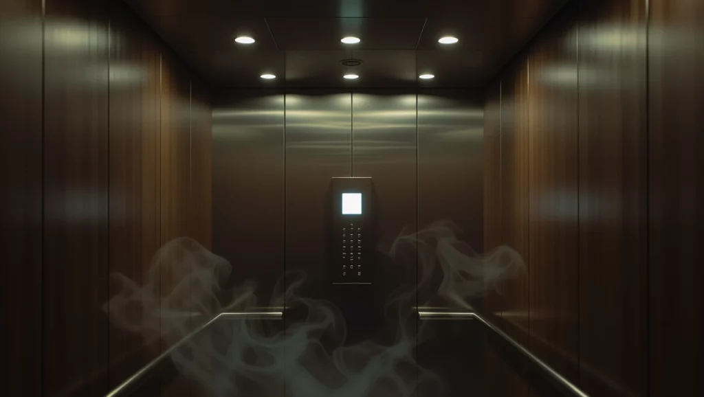 Egy modern lift belső tere, fémes falakkal és digitális kijelzővel.