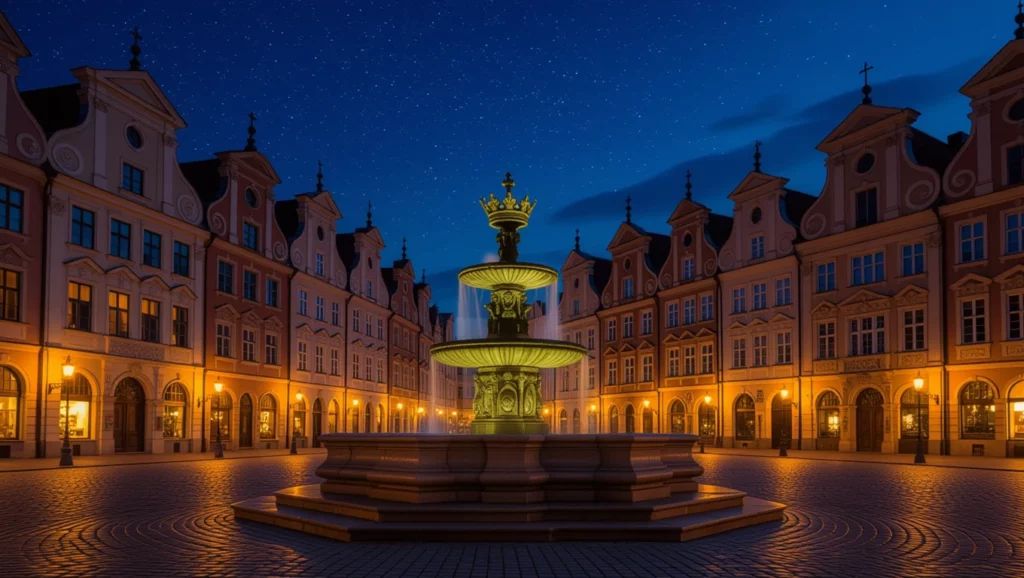 Székesfehérvár főterén álló szökőkút éjszakai fényben, gyönyörű épületek környezetében.