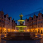 Székesfehérvár főterén álló szökőkút éjszakai fényben, gyönyörű épületek környezetében.
