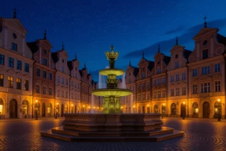 Székesfehérvár főterén álló szökőkút éjszakai fényben, gyönyörű épületek környezetében.