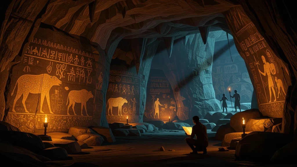 Egy barlang belsejében ősi barlangrajzok láthatók, miközben egy ember tanulmányozza azokat.