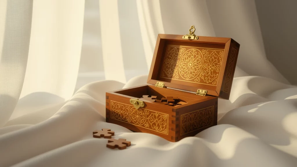 Nyitott fa puzzle doboz, benne kirakós darabokkal, puha háttér előtt.