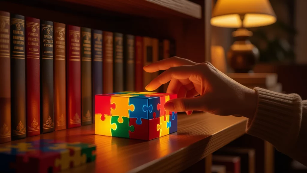 Egy kéz éppen egy színes puzzle-darabot helyez el egy polcon, könyvek között.