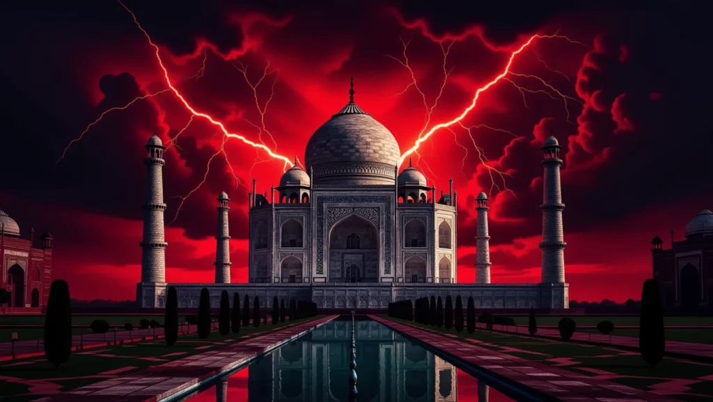 A Taj Mahal sötét háttér előtt, villámokkal megvilágítva, álomszerű látványban.