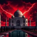 A Taj Mahal sötét háttér előtt, villámokkal megvilágítva, álomszerű látványban.