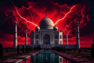 A Taj Mahal sötét háttér előtt, villámokkal megvilágítva, álomszerű látványban.