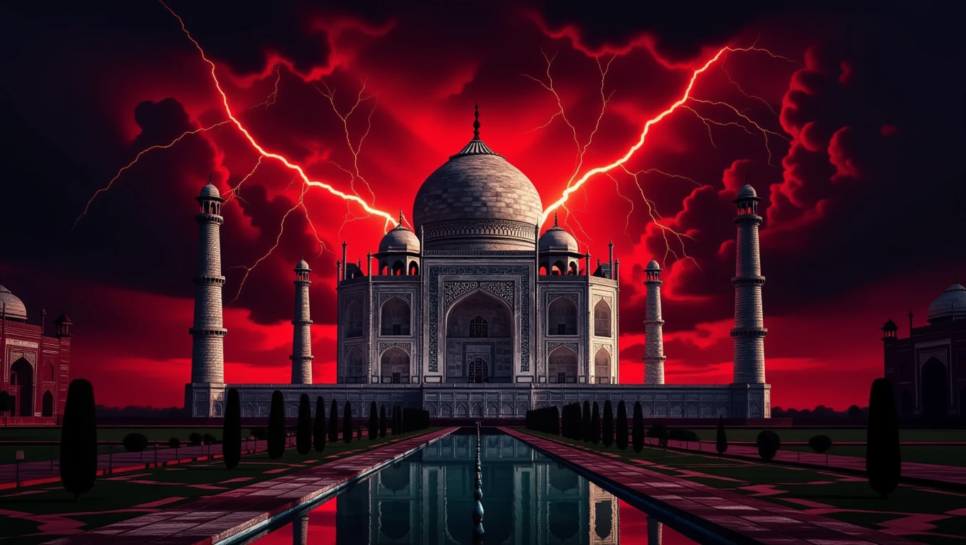A Taj Mahal sötét háttér előtt, villámokkal megvilágítva, álomszerű látványban.