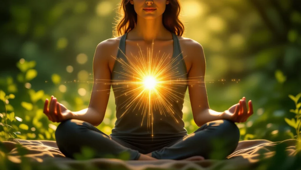 Egy nő meditál a természetben, szívéből fény sugárzik, ami a tudatos álmodás szimbóluma.