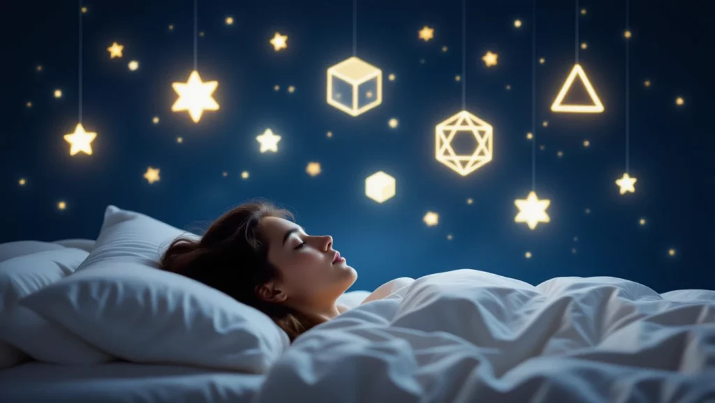 Egy álmodó nő fekszik az ágyban, körülötte csillagok és geometriai formák lebegnek.