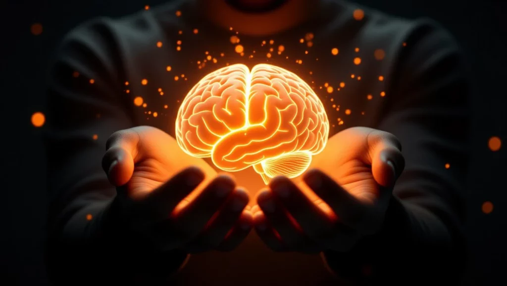 Két kéz között lebegő fénylő agy, amely kreatív gondolatokat szimbolizál.