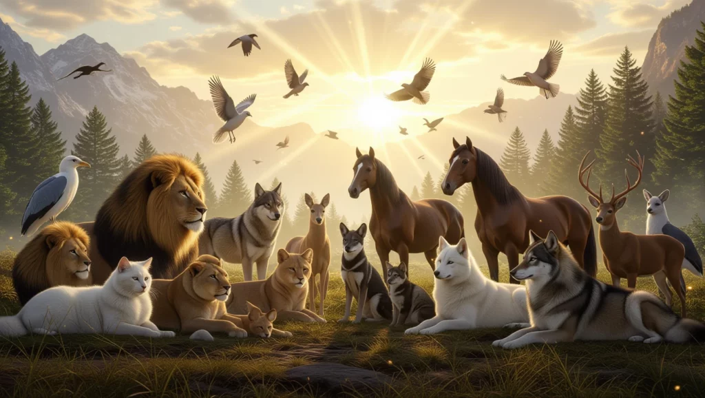 Különböző állatok, mint oroszlán, ló és kutya, napfelkeltében pihennek egy erdőben.