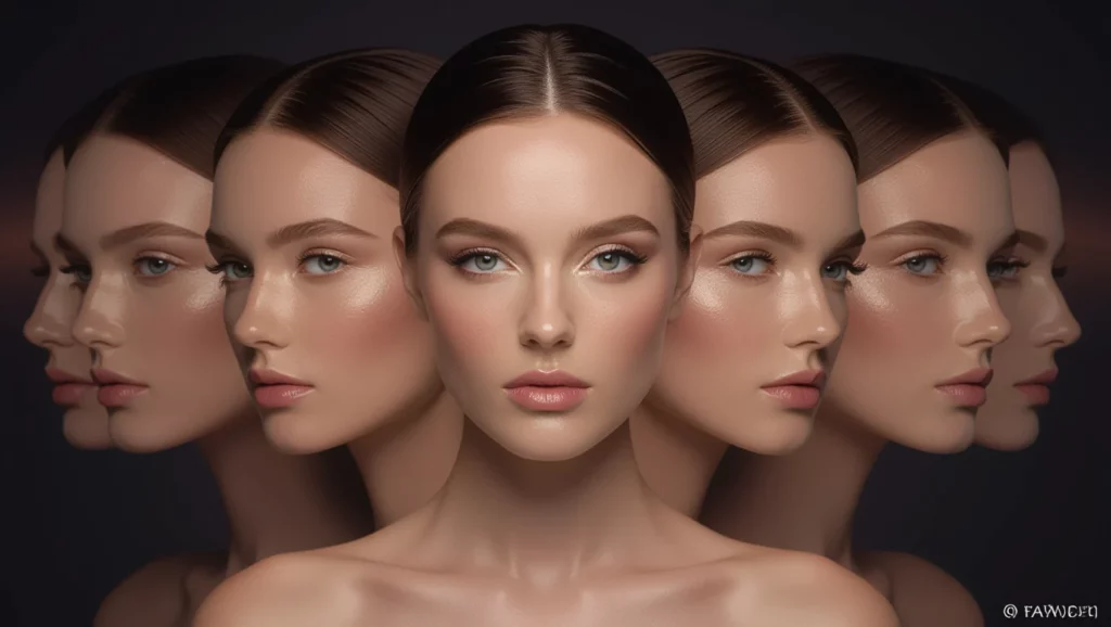 Hat különböző arckifejezést bemutató női portrék, szimmetrikusan elhelyezve.