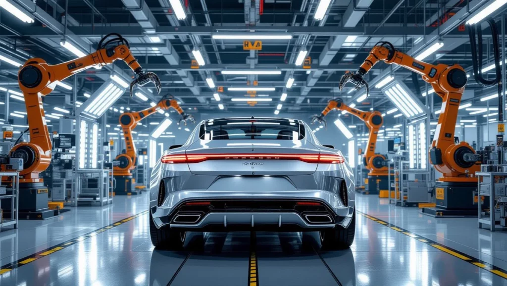 Egy modern autógyár belső tere, robotkarokkal és egy autóval a középpontban.