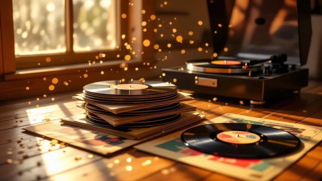 Bakelit lemezek egy fából készült asztalon, lejátszóval a háttérben, nosztalgikus hangulatban.