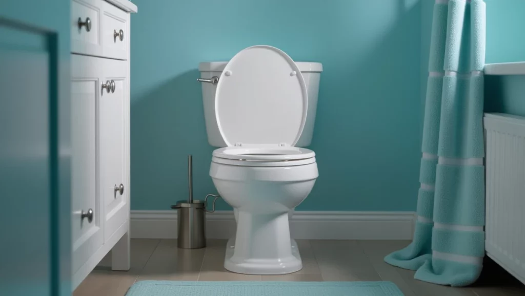 Egy modern fürdőszoba, fehér bili és kék falak, amely a gyermekkori emlékekre utal.