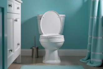 Egy modern fürdőszoba, fehér bili és kék falak, amely a gyermekkori emlékekre utal.