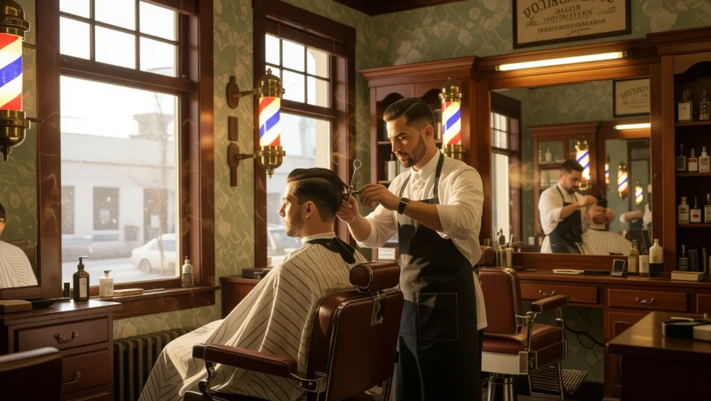 Egy borbélyüzlet belső tere, ahol a borbély éppen frizurát vág egy fiatal férfinak.