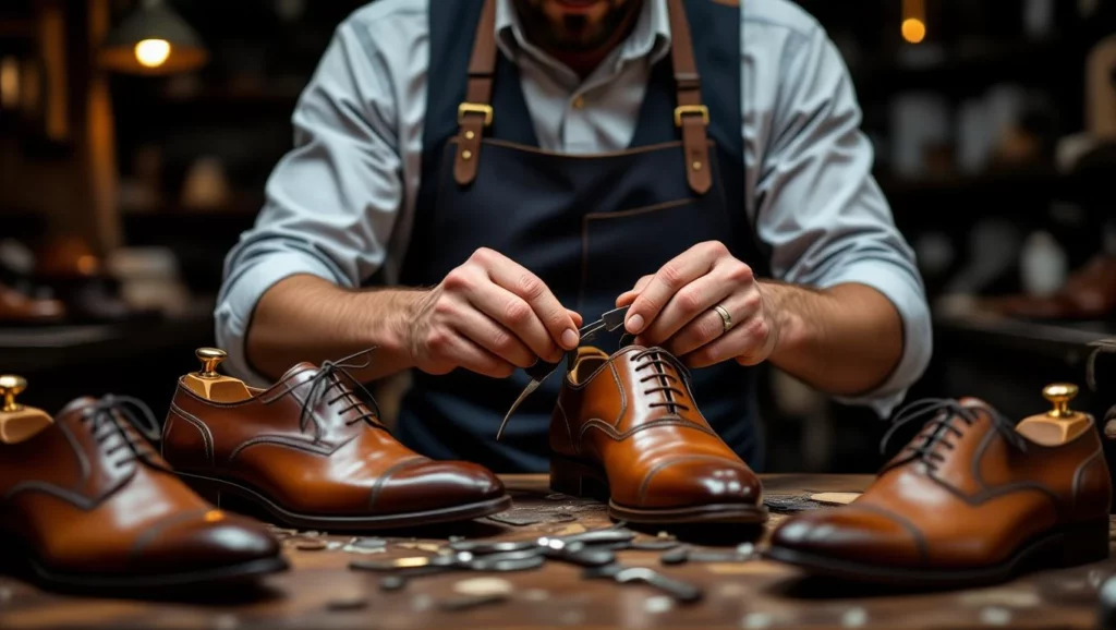 Cipész javítja a bőrcipőt egy műhelyben, körülötte cipők és szerszámok.