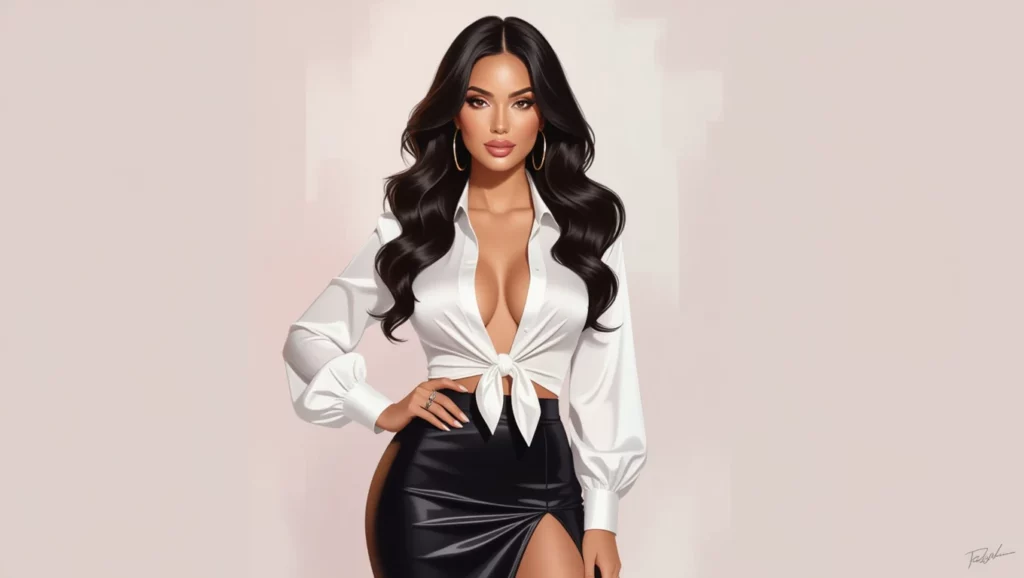 Egy nő elegáns, dekoltált blúzban és szoknyában, magabiztosan pózol.