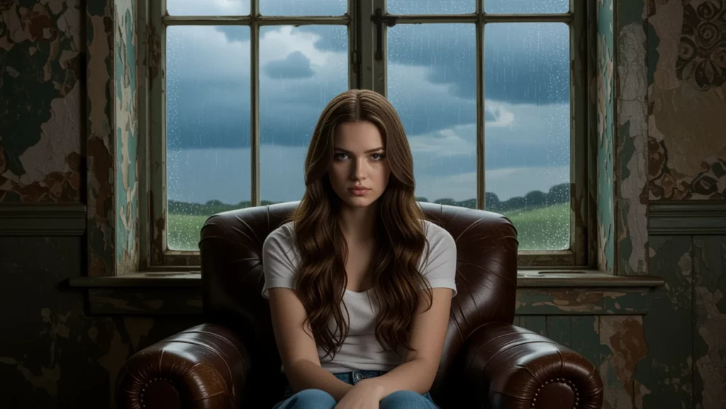 Egy fiatal nő ül egy régi bőrkanapén, mellette esős táj látható az ablakon keresztül.