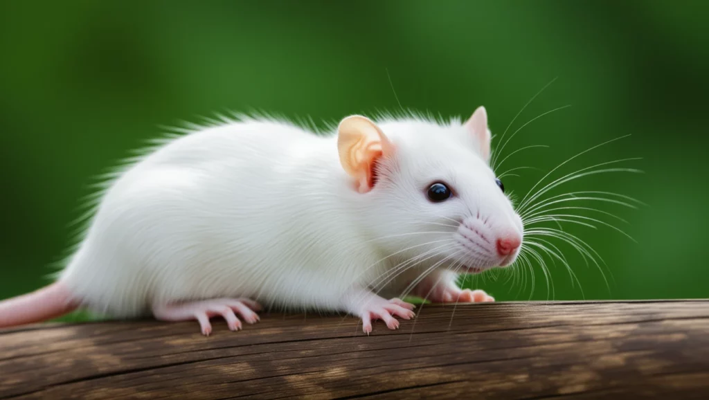 Egy fehér patkány, amely felfedezően néz körül egy fadarabon.