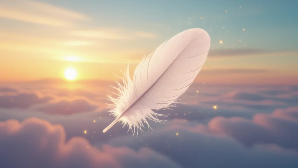 Egy fehér toll lebeg a felhők felett, napfelkeltével a háttérben.