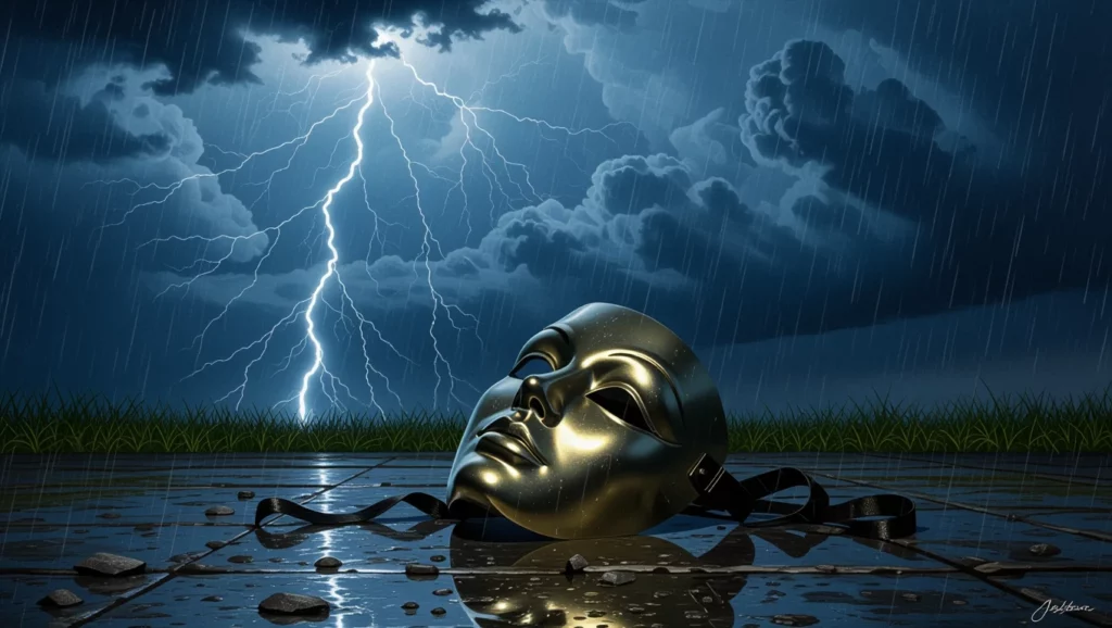 Egy arany maszk fekszik a földön, eső és villámok közepette, szimbolizálva a feledést.