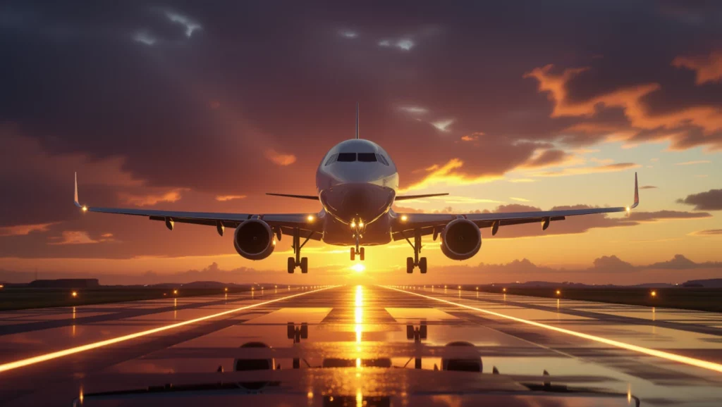 Egy repülőgép felszállásra készül a naplementében, szimbolizálva az új kezdeteket.