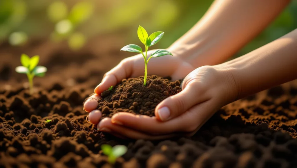 Két kézben tartott termékeny föld, amelyben egy friss hajtás nő.