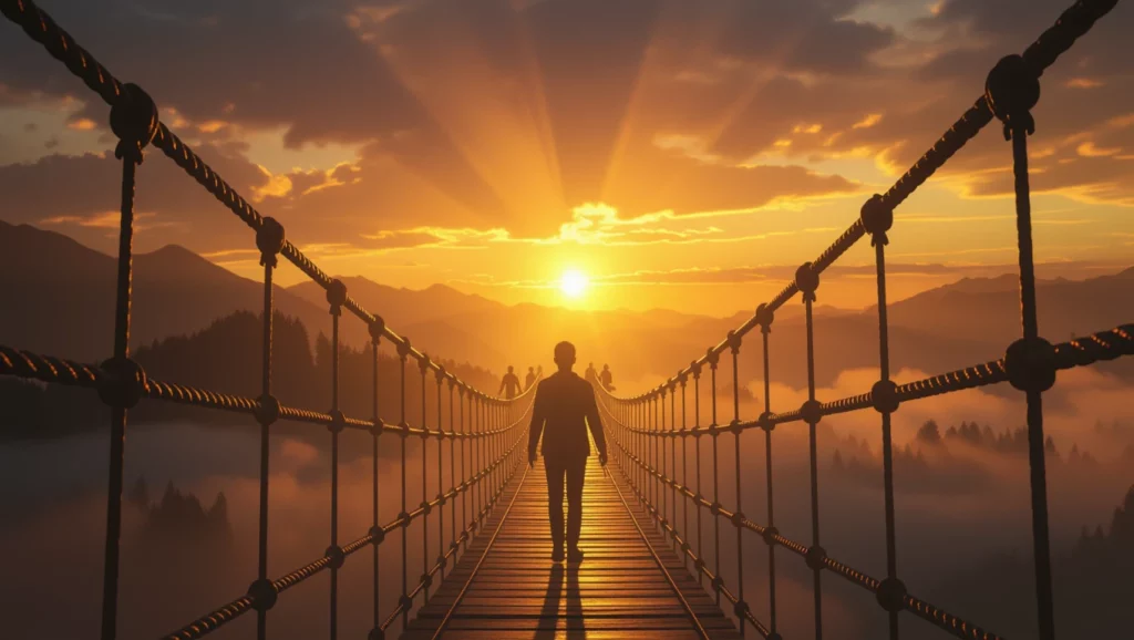 Egy ember sétál a naplementében egy függőhídon, szimbolizálva az élet változásait.