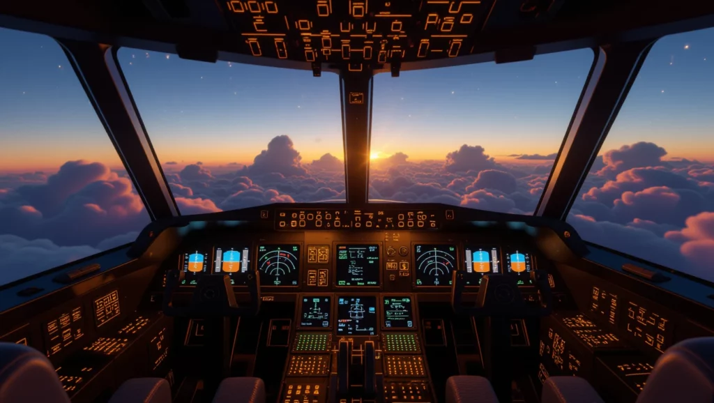 Repülőgép pilótafülkéje naplementekor, a felhők felett.