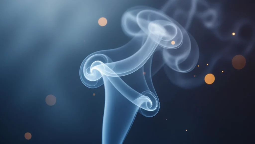 Egy szürke füstfelhő, amely kanyargós formákat ölt, lágy fényben.