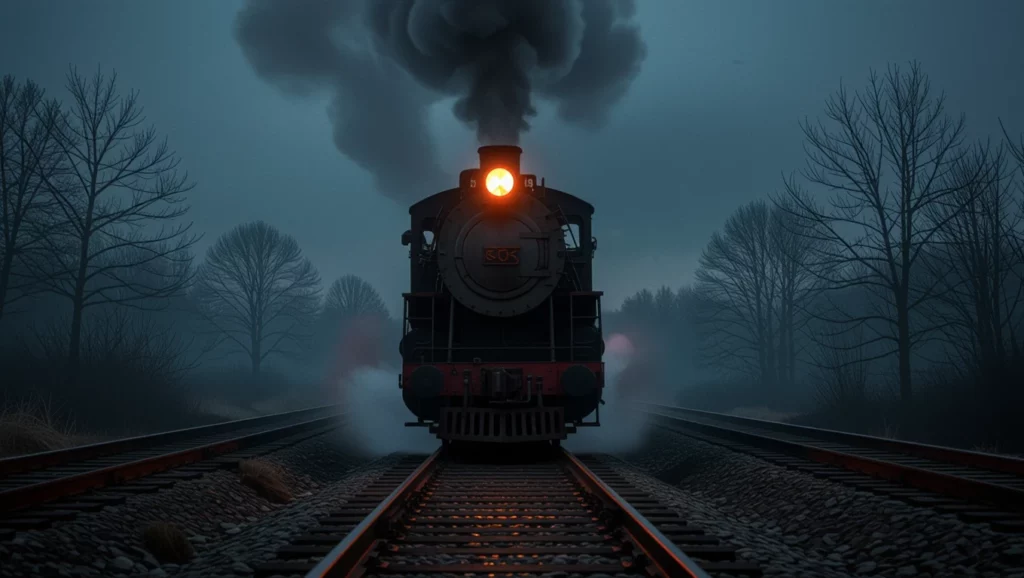 Egy gőzmozdony füstöt eregetve halad a síneken, sötét, ködös háttérben.