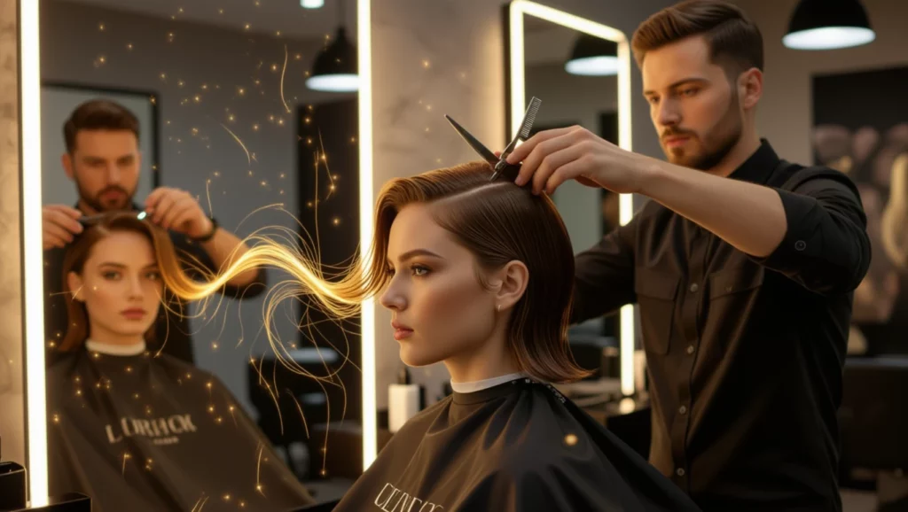Egy fodrász hajvágás közben, női ügyfél a tükör előtt, szikrázó hajszálak.
