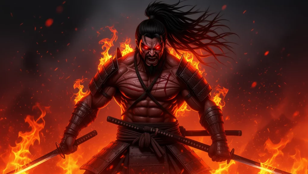 Egy harcos látható, tűz és lángok között, bátor és elszánt kifejezéssel az arcán.