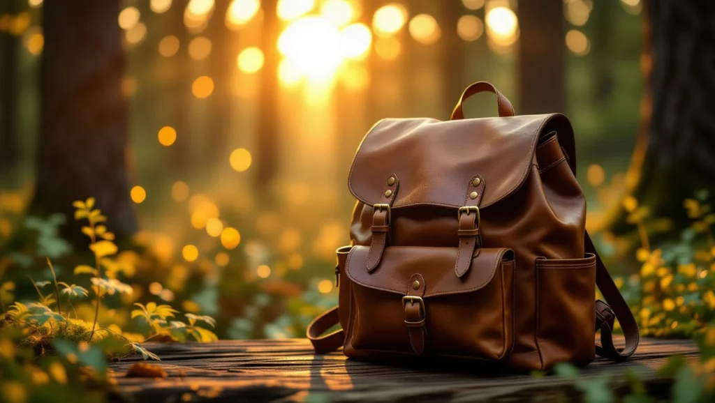 Egy barna bőr hátizsák fekszik egy fából készült padon, mögötte napfény árad a fák között.