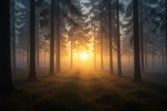 Ködös erdő napfelkeltével, homályos fények és elmosódott körvonalak között.