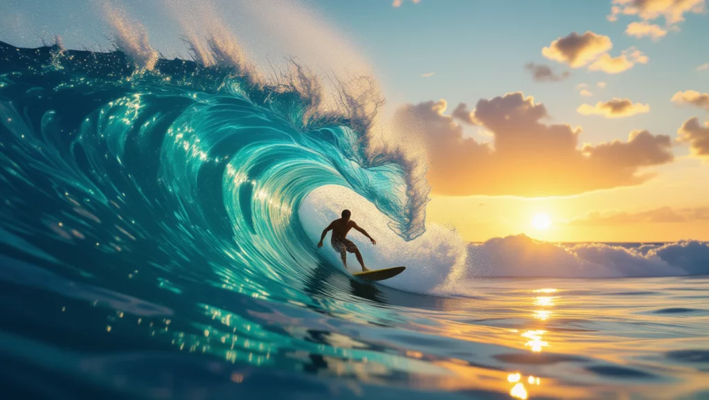 Egy hullámlovas szörföl egy hatalmas, kék hullámon naplementében.