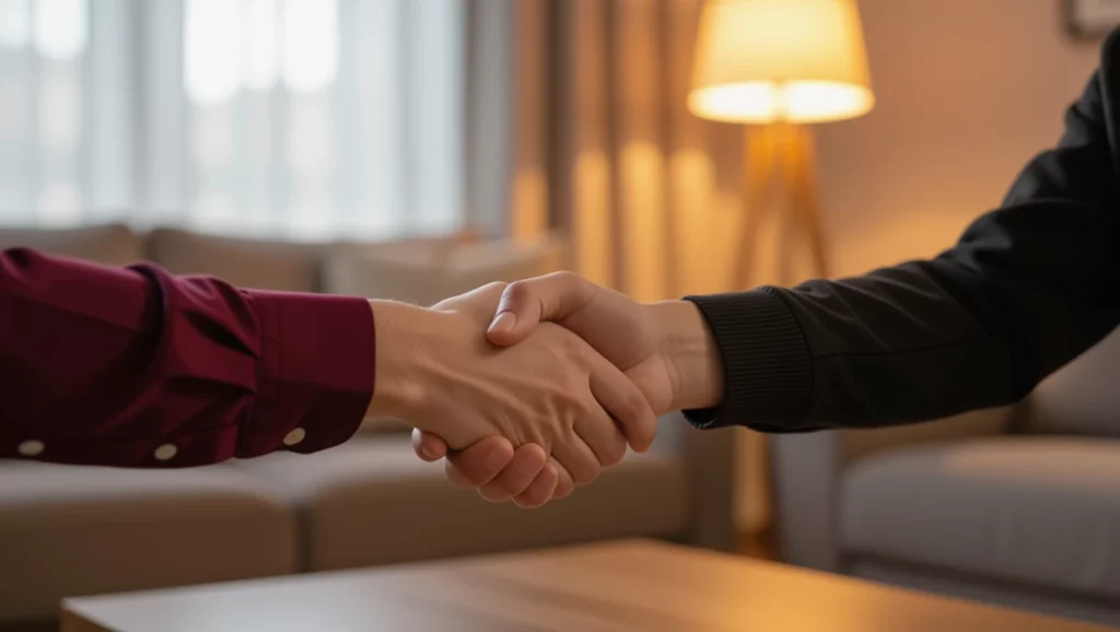 Két ember kezet fog egy barátságos, világos szobában, ami a kapcsolatteremtést szimbolizálja.