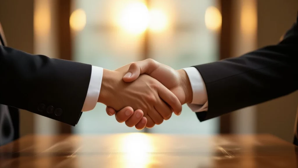 Két ember kezet fog egy asztal felett, háttérben napfényben.