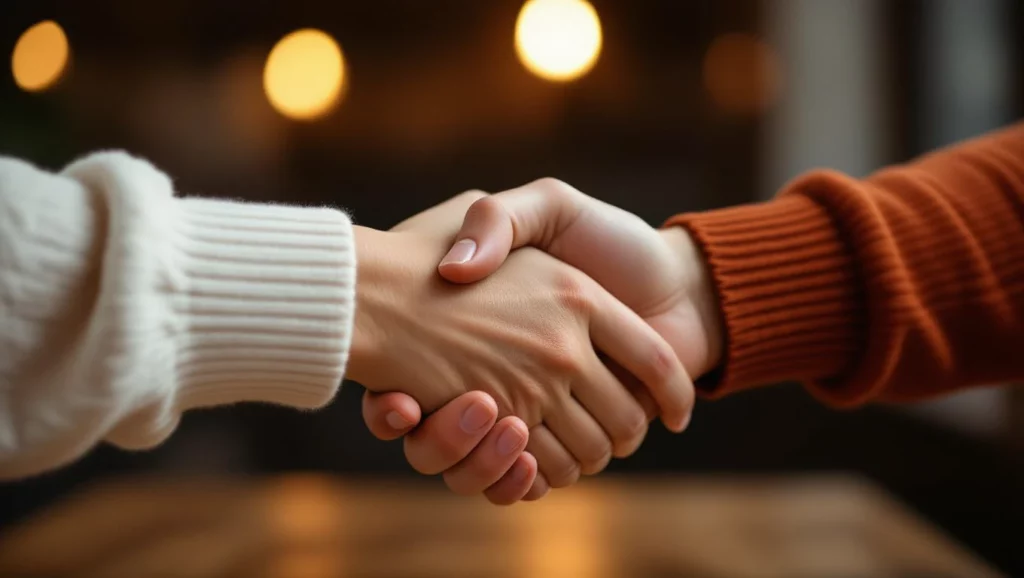 Két kéz fog handshake-t, szimbolizálva a bizalmat és a kapcsolatokat.