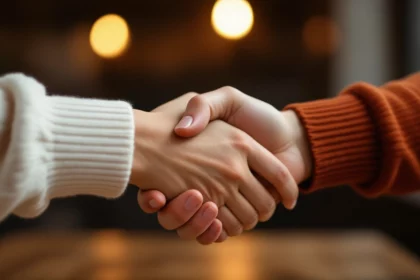 Két kéz fog handshake-t, szimbolizálva a bizalmat és a kapcsolatokat.