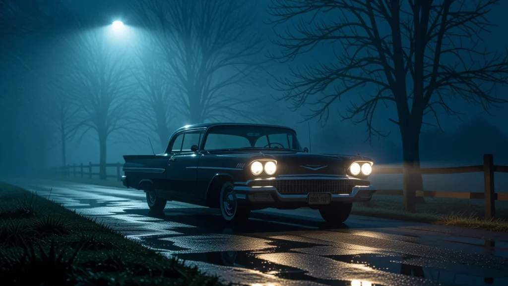 Egy sötét utcán álló régi autó, ködben és gyenge fényben, a bizonytalanság szimbóluma.