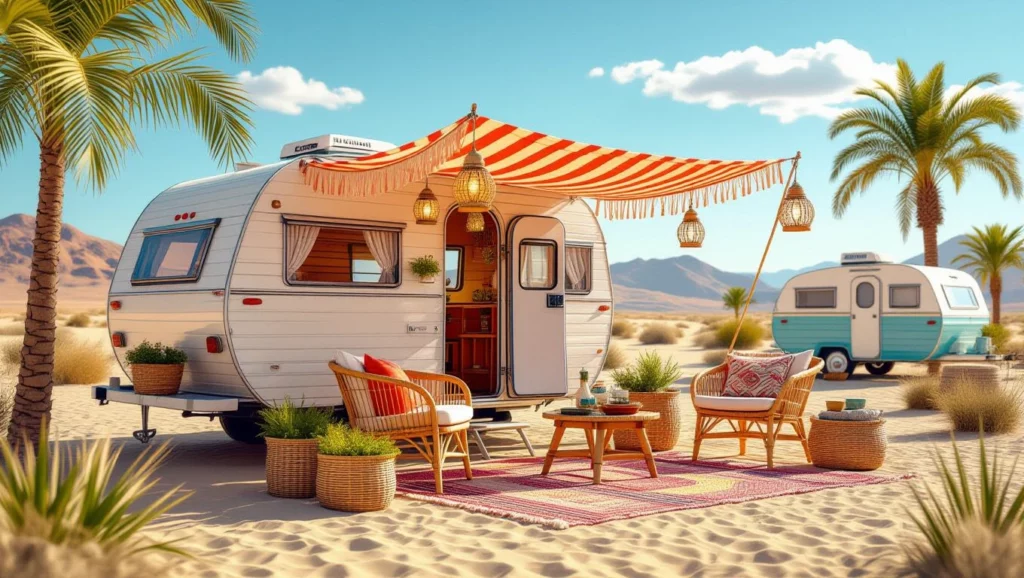 Egy lakókocsi a sivatagban, pálmafák között, kényelmes bútorokkal.