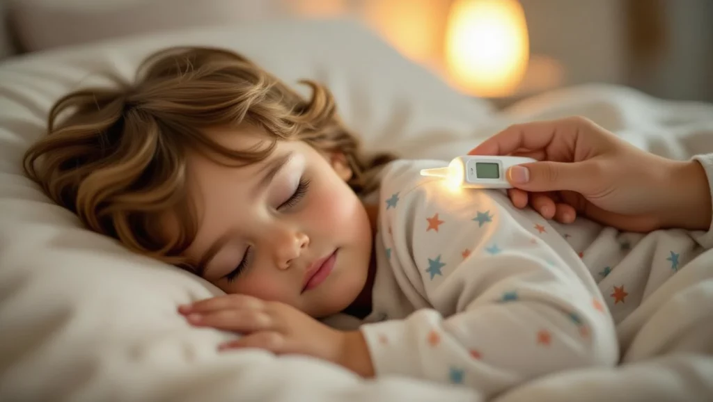 Egy kisgyerek alszik az ágyában, lázmérővel a kezében, nyugodt környezetben.