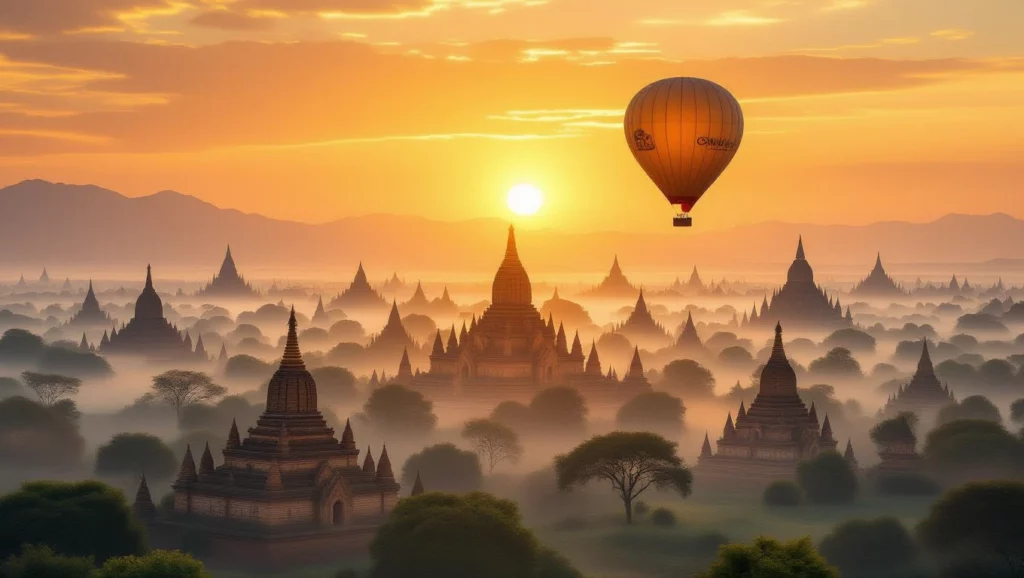 Egy léggömb lebeg a napfelkeltében, háttérben pagodák és fákkal borított táj.