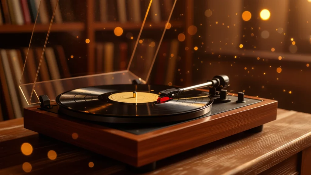 Egy vintage lemezjátszó, amelyen egy fekete vinyl lemez forog, puha fényben.