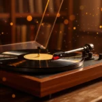 Egy vintage lemezjátszó, amelyen egy fekete vinyl lemez forog, puha fényben.